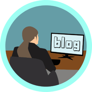 An illustration of a woman at a computer that is displaying the word "blog"