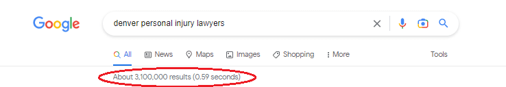 A screenshot of a Google search for "Denver personal injury lawyers" showing 3,1 millions results
