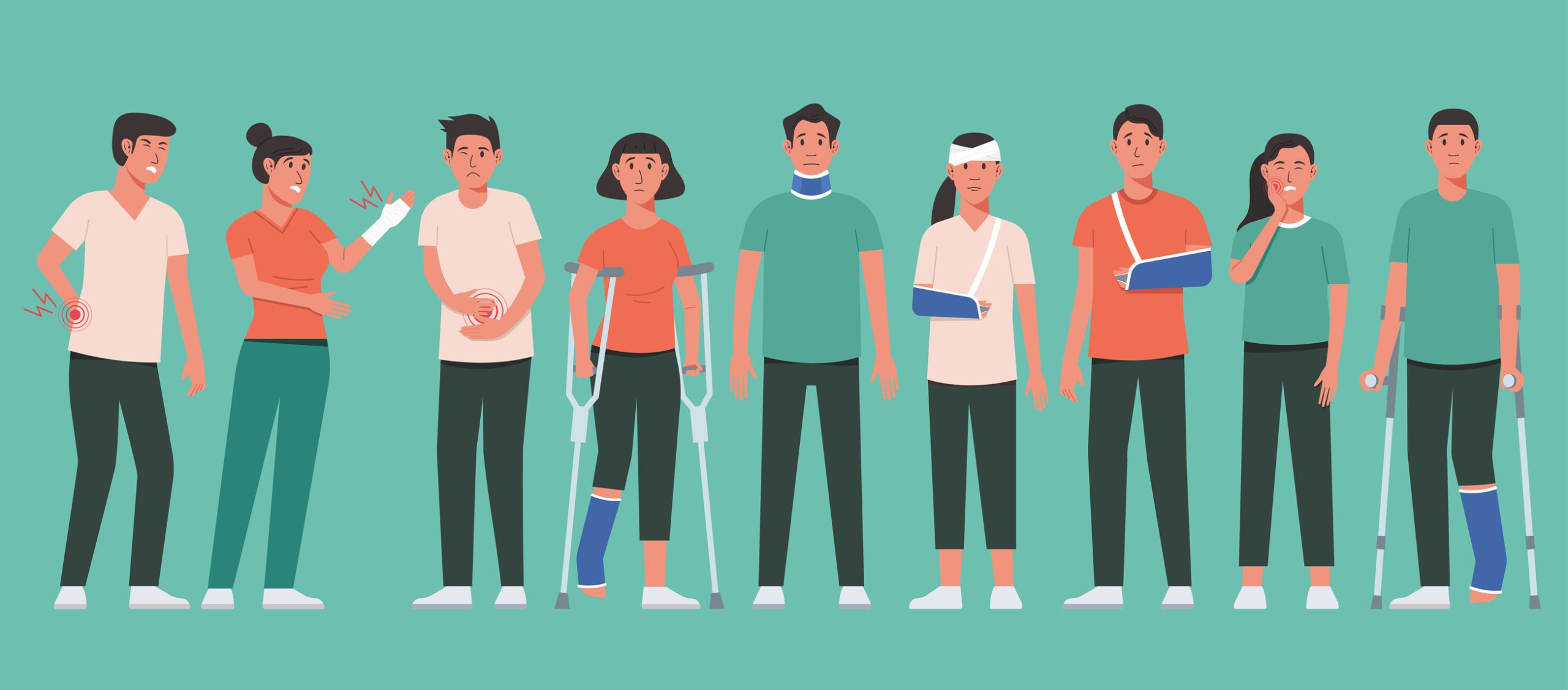 An illustration of several people with various injuries on a teal background