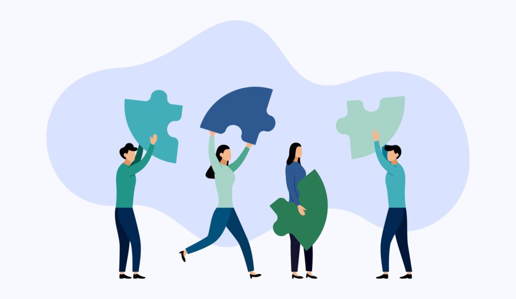 An illustration of people holding various puzzle pieces