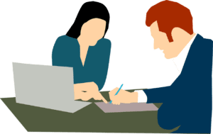 An illustration of two people going over a document
