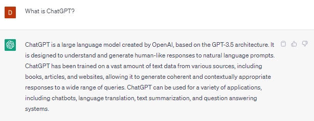 A screenshot of ChatGPT responding to a prompt to explain what ChatGPT is