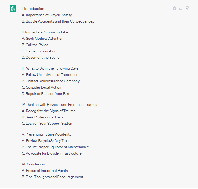 A screenshot of ChatGPT providing an outline for a blog about what to do after a bicycle accident