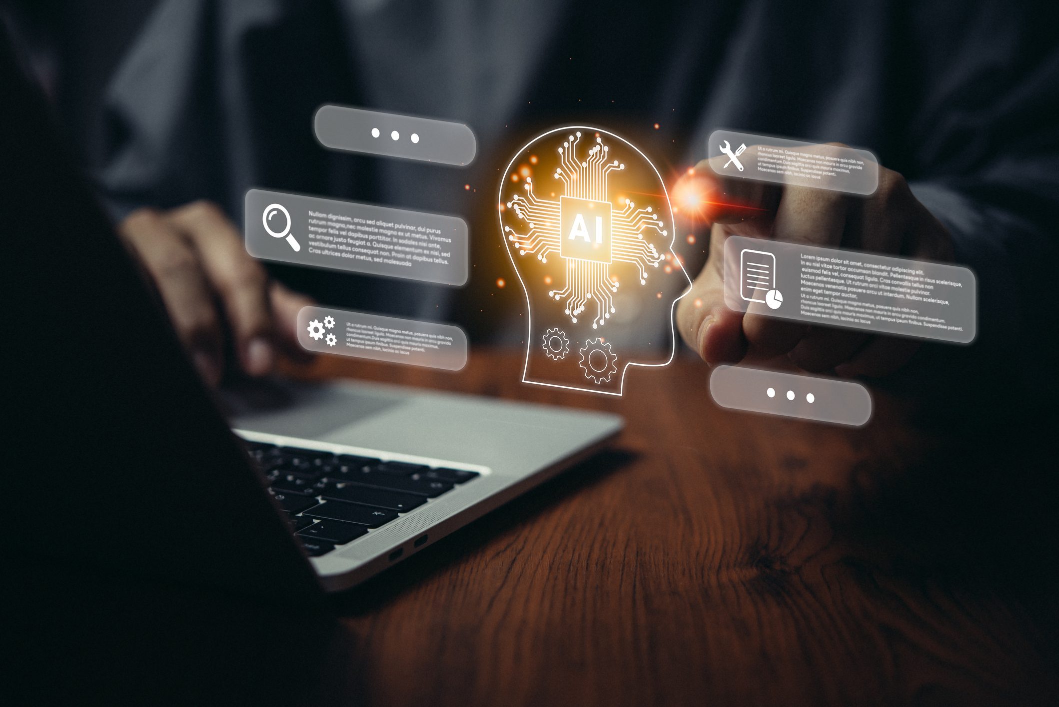 A person writing on a laptop with AI-themed images overlaid it.