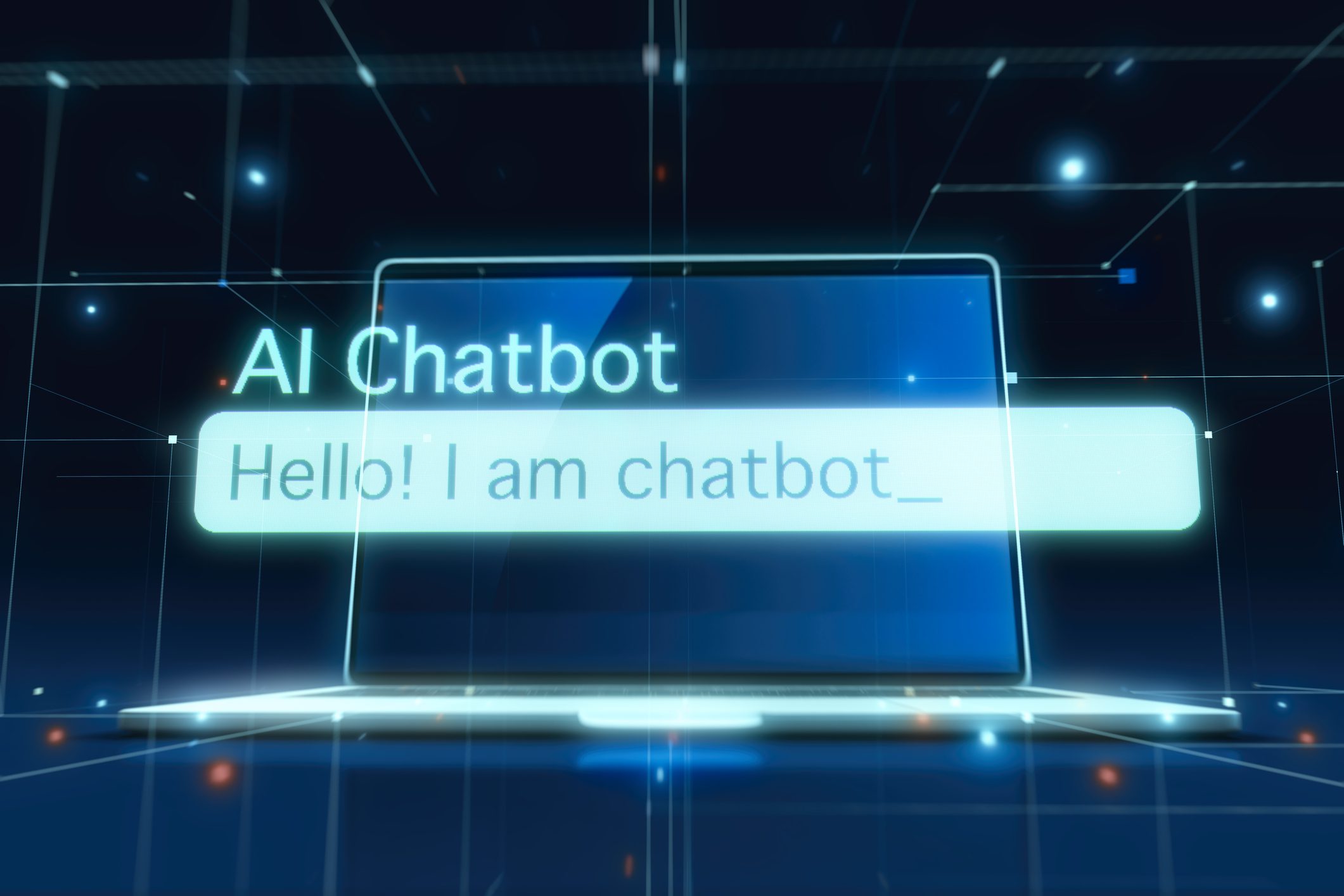 A screen showing the following text "AI Chatbot" "Hello! I am a chatbot"