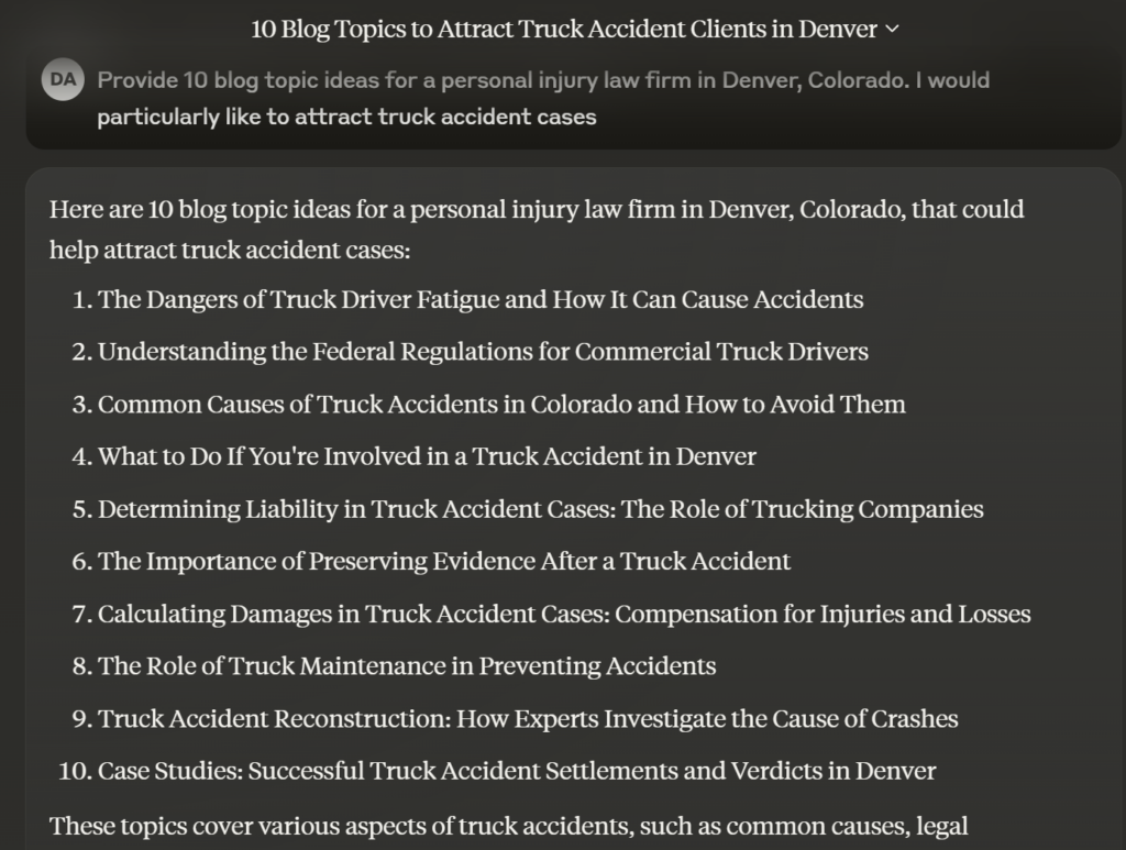 A screenshot of Claude generating blog topics 