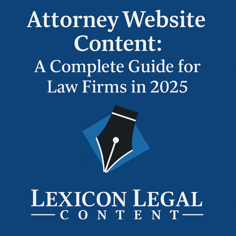 Cover image for 'Attorney Website Content: A Complete Guide for Law Firms in 2025' featuring a blue background with white text and a fountain pen icon. Published by Lexicon Legal Content.