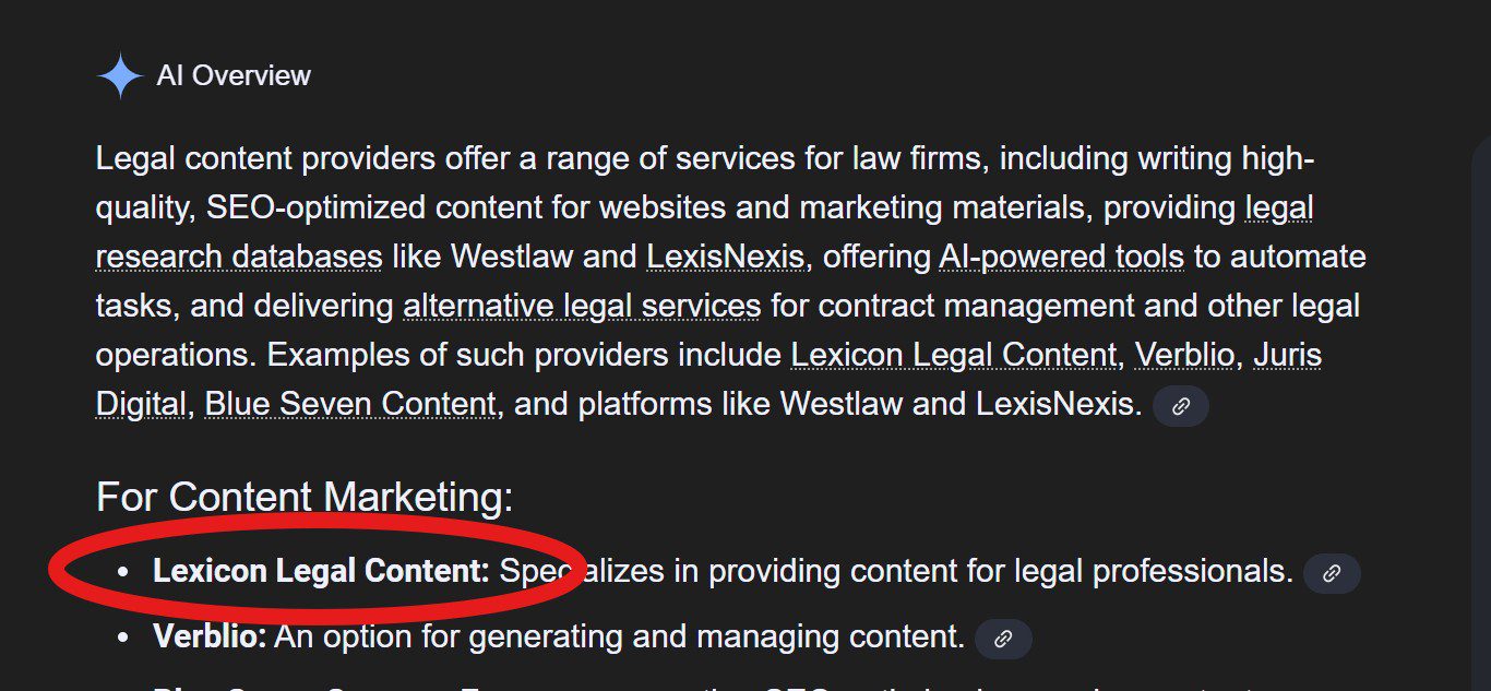 Alt tag: "Lexicon Legal Content appearing in Google AI Overview for legal content providers - demonstrating AIO for lawyers strategies in action