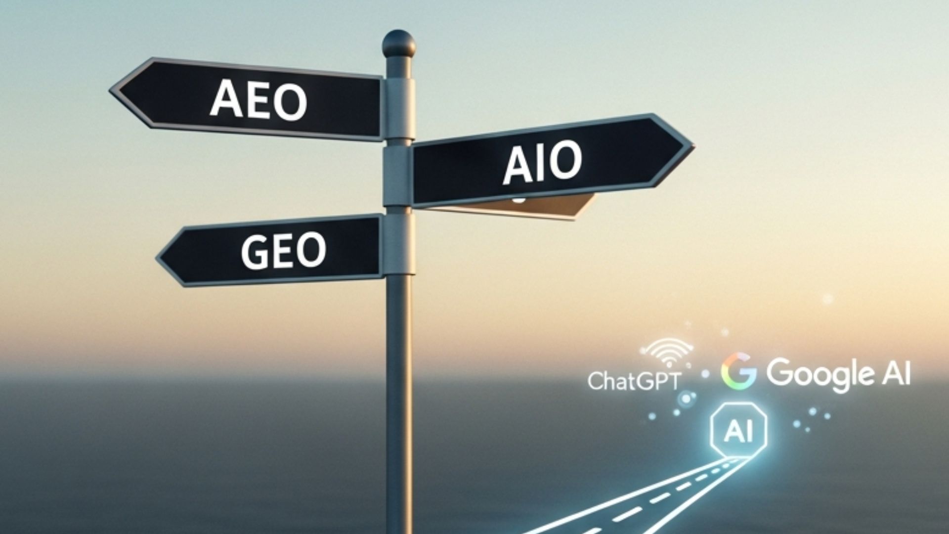 Road sign intersection with three paths labeled AEO, GEO, and AIO merging into one, representing unified AI search optimization strategy for law firms