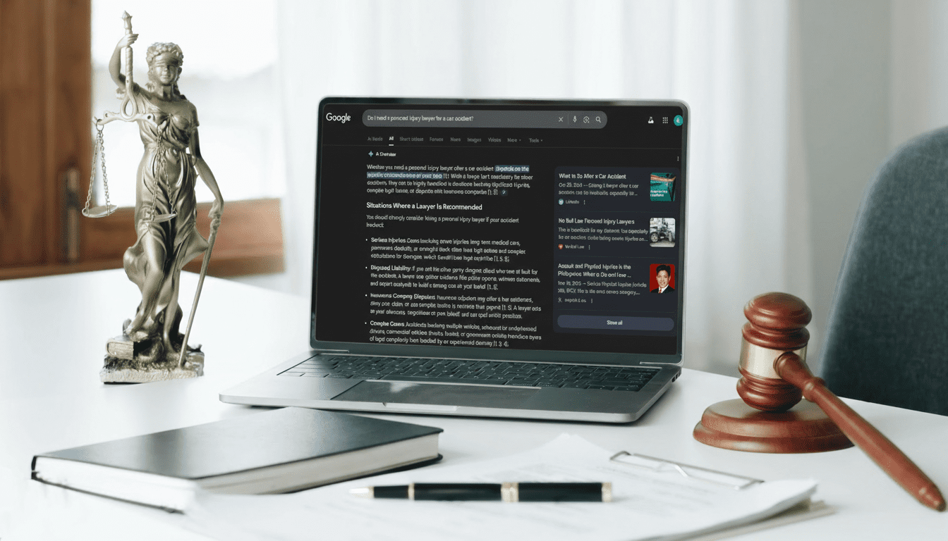 Laptop displaying AI-optimized legal blog content with gavel, justice statue, and law books on desk