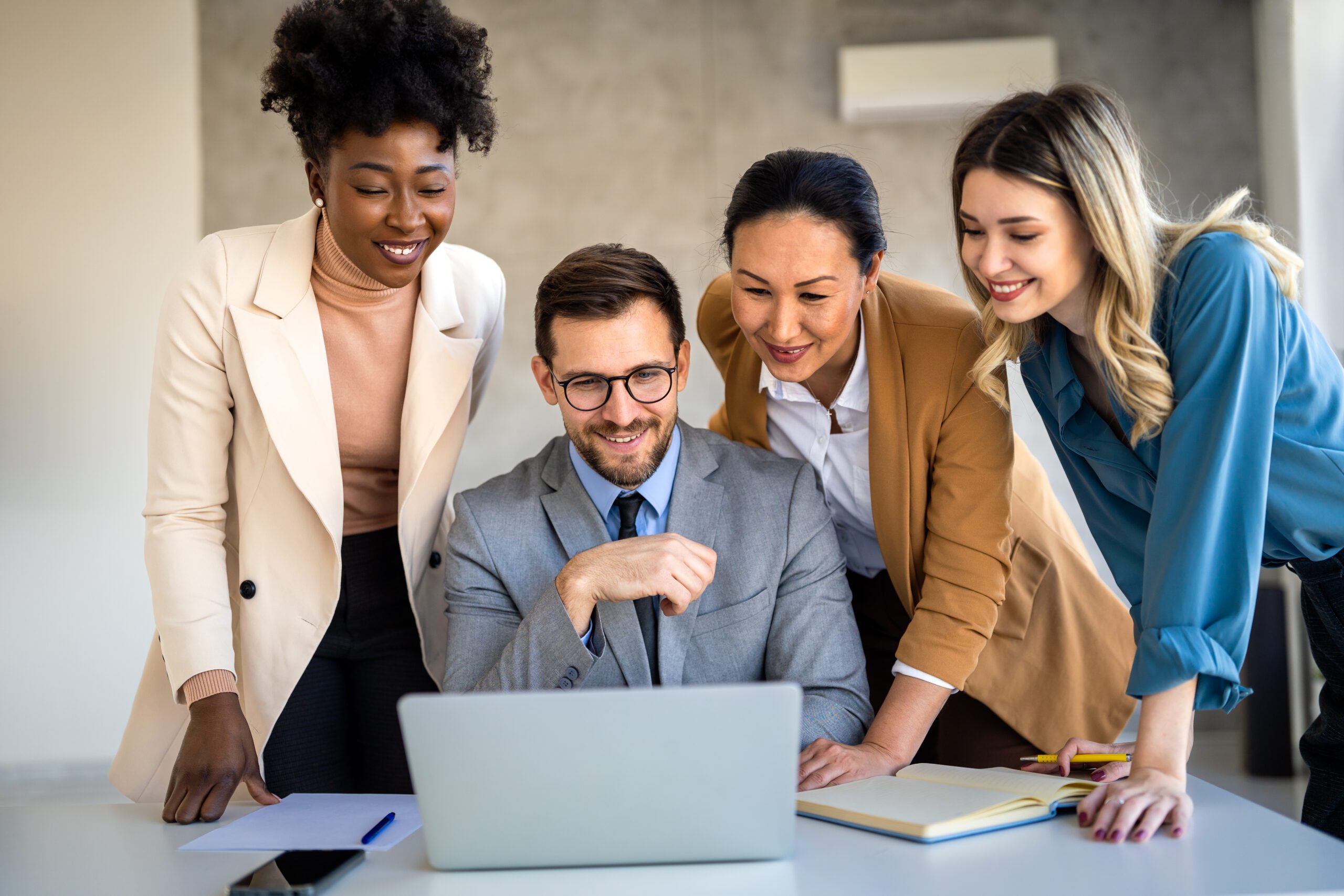 Law firm team discussing video marketing for lawyers