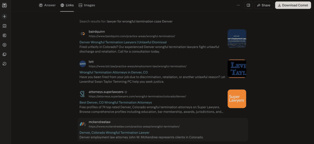 Screenshot of Perplexity citing eight Denver law firms for a wrongful termination question